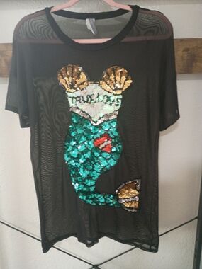 Davida Black Mesh Tee with Sequin Mermaid Appliqué